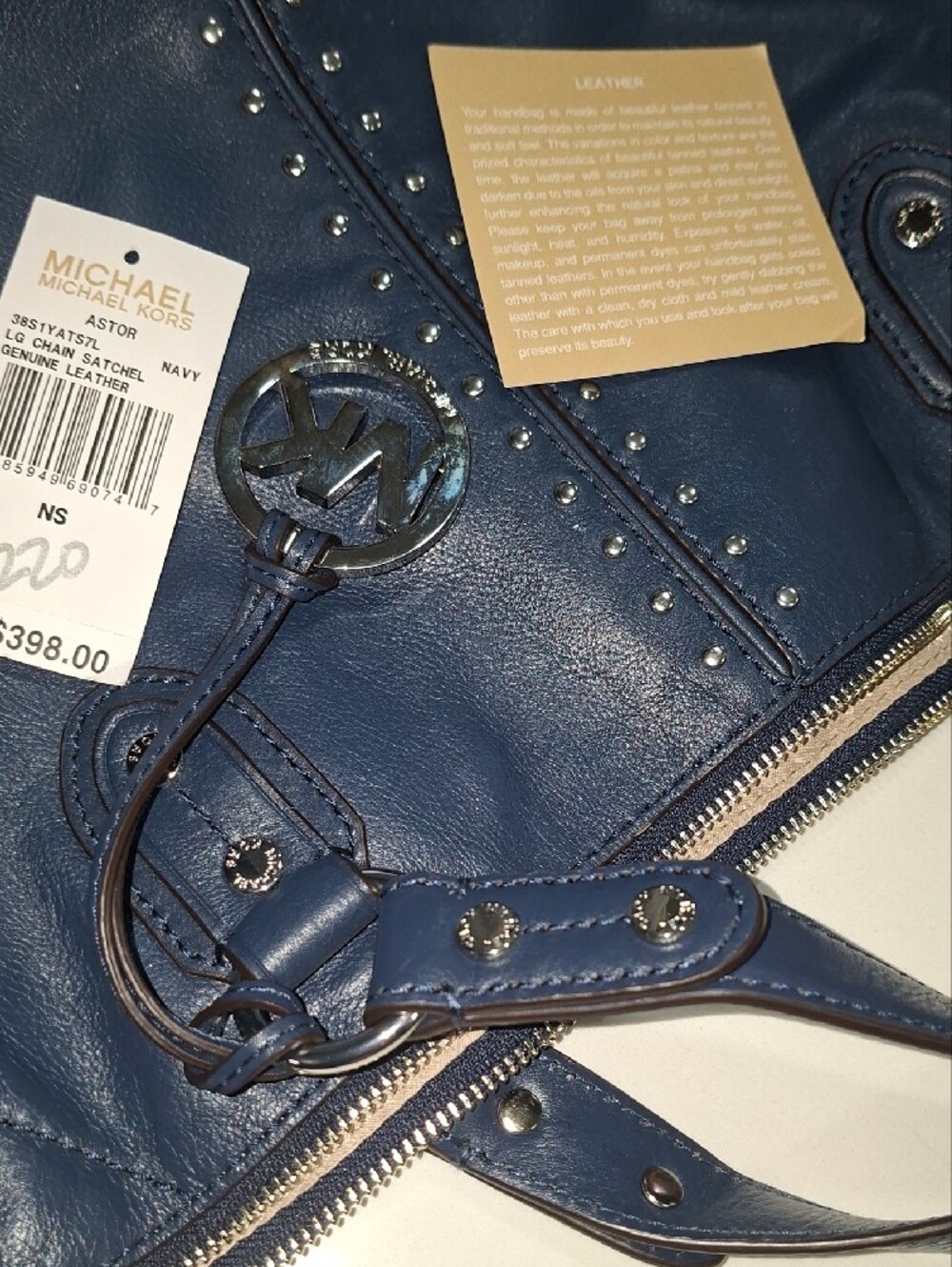 Michael Kors Navy Leather Studded Shoulder Bag with Silver Chain Never Used - Picture 4 of 7